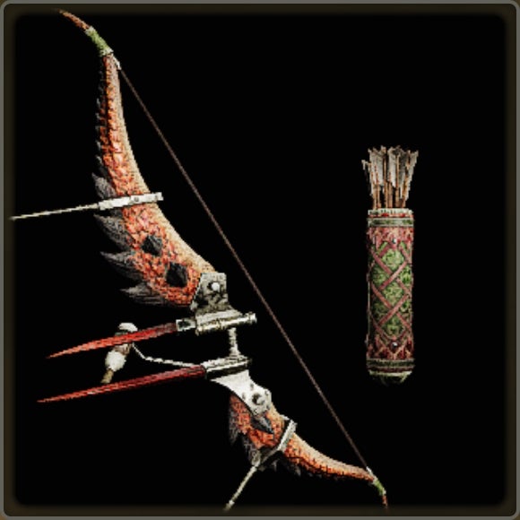 A close-up of a weapon in Monster Hunter Wilds against a black background.