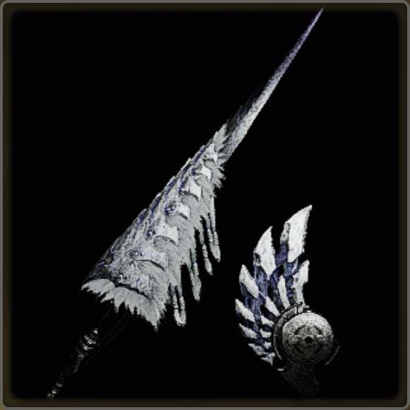A close-up of a weapon in Monster Hunter Wilds against a black background.