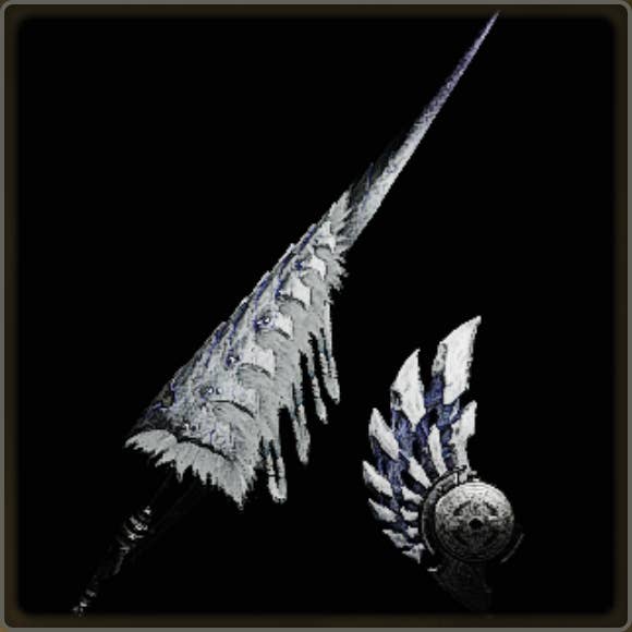 A close-up of a weapon in Monster Hunter Wilds against a black background.