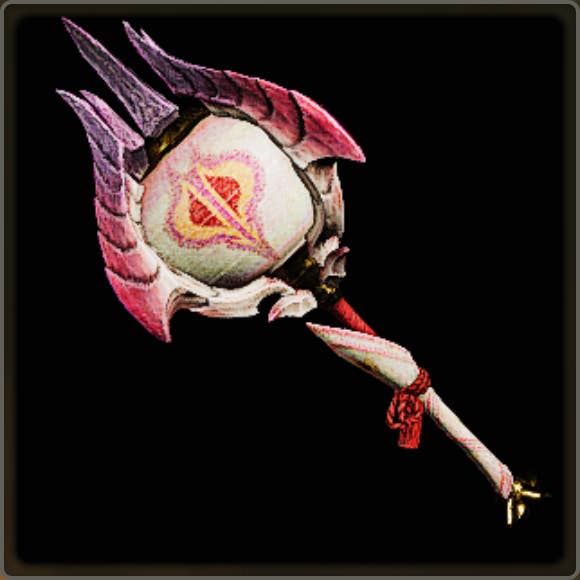 A close-up of a weapon in Monster Hunter Wilds against a black background.