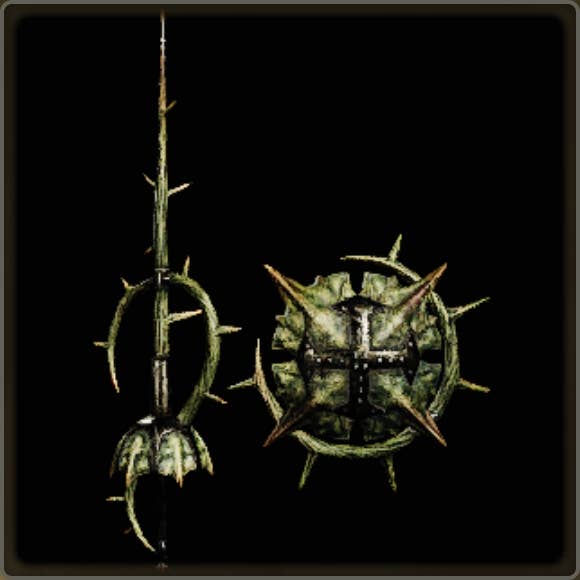 A close-up of a weapon in Monster Hunter Wilds against a black background.