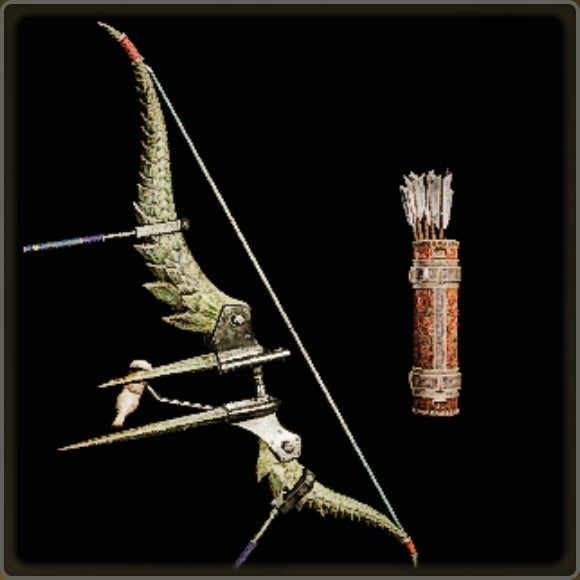 A close-up of a weapon in Monster Hunter Wilds against a black background.