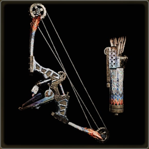 A close-up of a weapon in Monster Hunter Wilds against a black background.