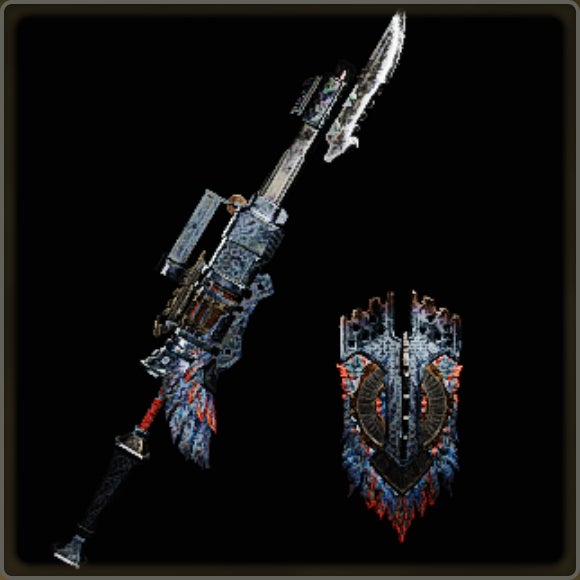 A close-up of a weapon in Monster Hunter Wilds against a black background.