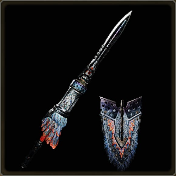 A close-up of a weapon in Monster Hunter Wilds against a black background.