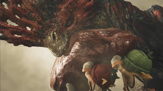A close-up of a Quematrice, a large monster in Monster Hunter Wilds, biting into a large slab of meat held by several palico.