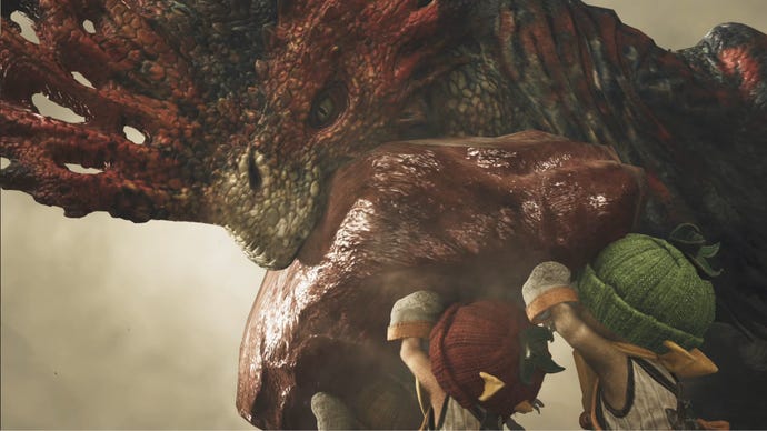 A close-up of a Quematrice, a large monster in Monster Hunter Wilds, biting into a large slab of meat held by several palico.