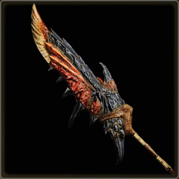 A close-up of a weapon in Monster Hunter Wilds against a black background.