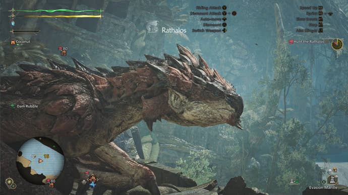 A close-up of a Rathalos, a large monster in Monster Hunter Wilds.