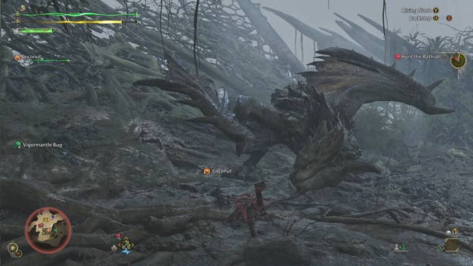 The hunter in Monster Hunter Wilds attacks a Rathian in the rain.