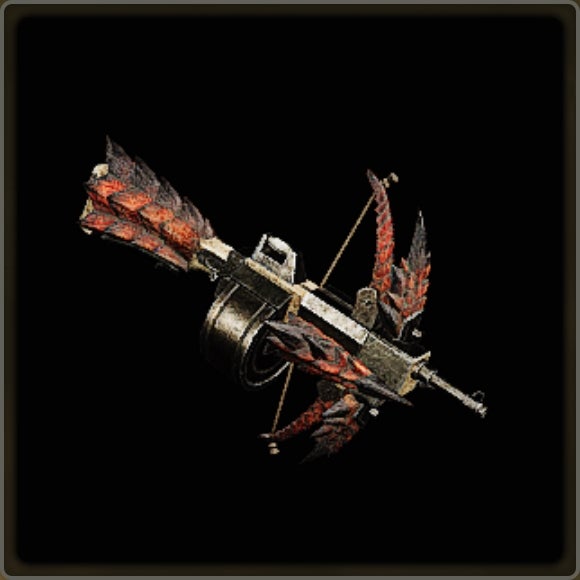 A close-up of a weapon in Monster Hunter Wilds against a black background.