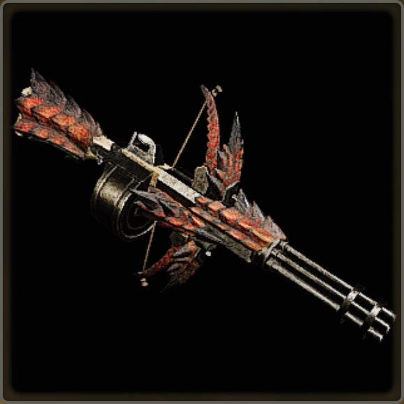 A close-up of a weapon in Monster Hunter Wilds against a black background.