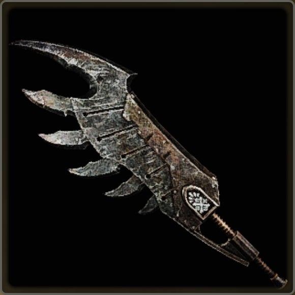 A close-up of a weapon in Monster Hunter Wilds against a black background.