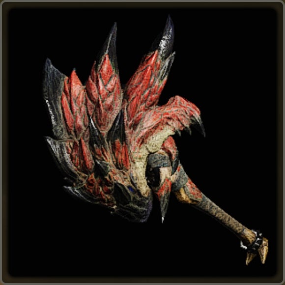 A close-up of a weapon in Monster Hunter Wilds against a black background.
