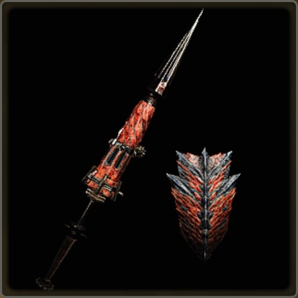 A close-up of a weapon in Monster Hunter Wilds against a black background.