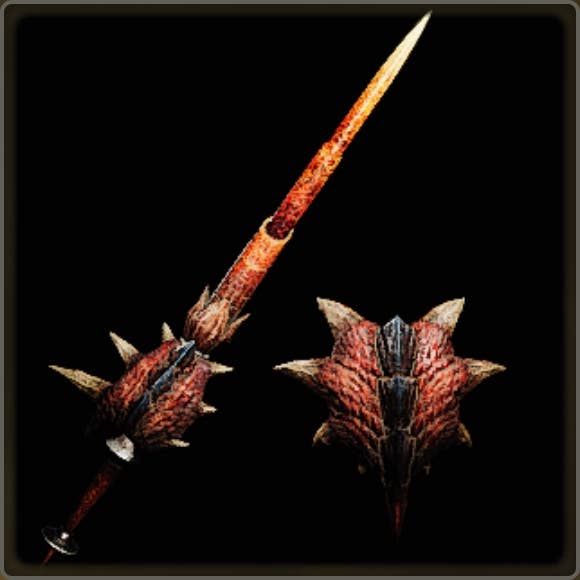 A close-up of a weapon in Monster Hunter Wilds against a black background.