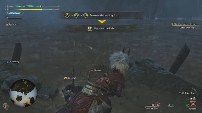 The hunter player in Monster Hunter Wilds reels in a Whopper fish at the edge of a lake during a downpour.