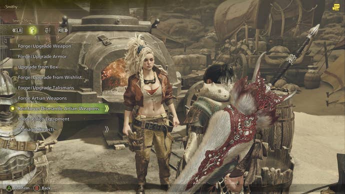 The player in Monster Hunter Wilds speak to Gemma the Blacksmith. In the Smithy Menu on the left side, the “Reinforce/Dismantle Artian Weapons” option is highlighted.