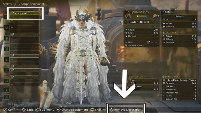 monster hunter wilds remove decorations option in smithy menu