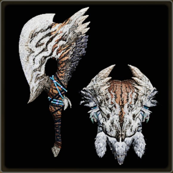A close-up of a weapon in Monster Hunter Wilds against a black background.