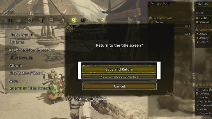 monster hunter wilds return to title screen save option