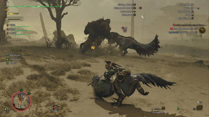 The player rides their Seikret as two monsters fight in the distance.