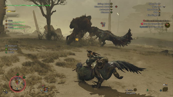 The player rides their Seikret as two monsters fight in the distance.