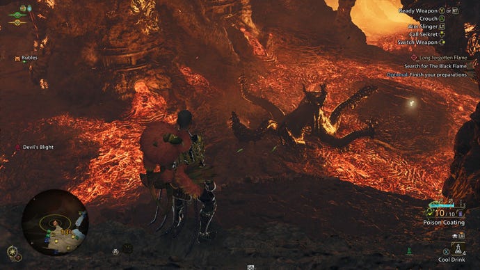 The player observes an oily octopus monster in a lava pit.