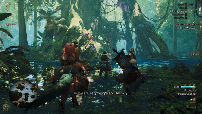 The player and their companions ride into a forest on dino back.