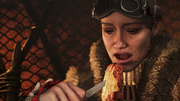The player eats a chunk of steak with cheese melted on top, using a knife to shove it in her mouth.