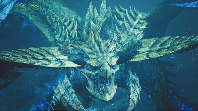 Rey Dau, a large monster in Monster Hunter Wilds, roars at the player hunter.