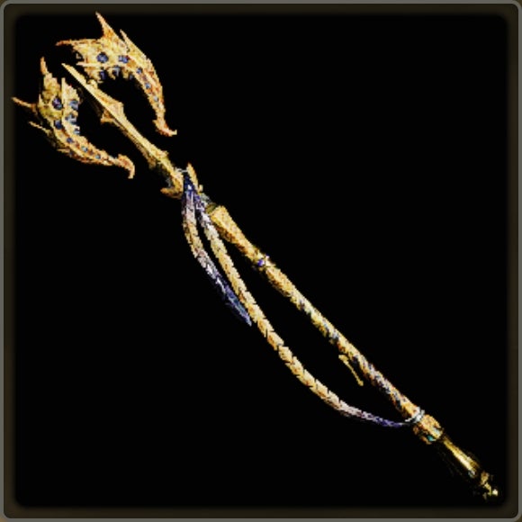 A close-up of a weapon in Monster Hunter Wilds against a black background.