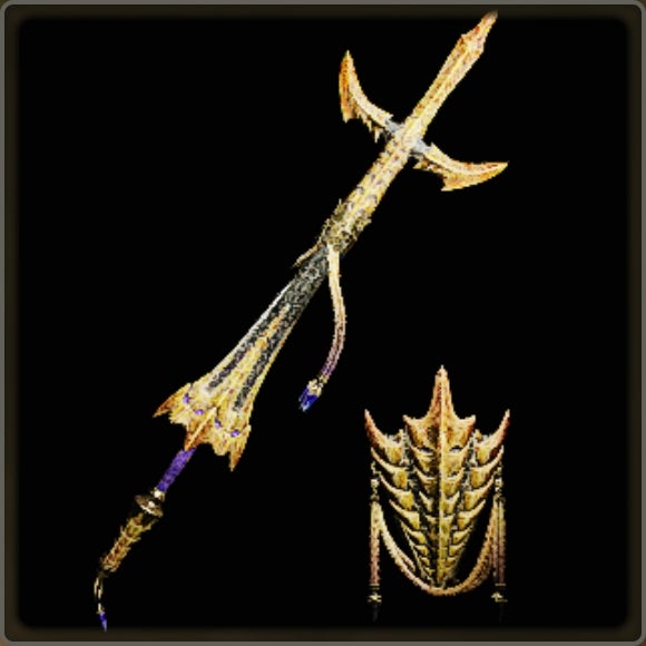 A close-up of a weapon in Monster Hunter Wilds against a black background.