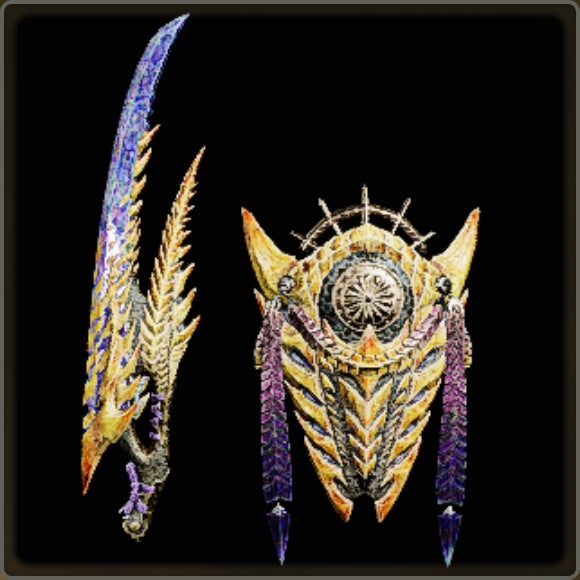 A close-up of a weapon in Monster Hunter Wilds against a black background.
