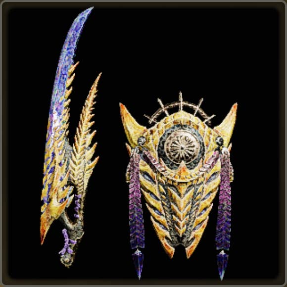 A close-up of a weapon in Monster Hunter Wilds against a black background.