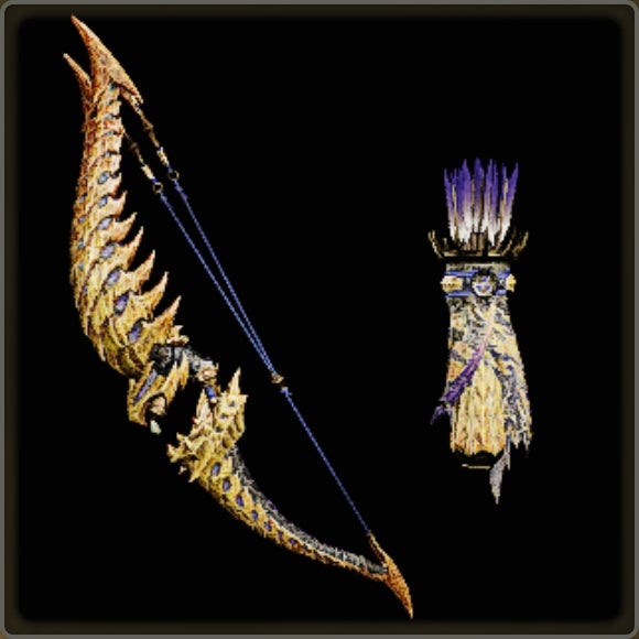 A close-up of a weapon in Monster Hunter Wilds against a black background. - 7