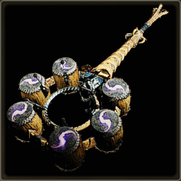 A close-up of a weapon in Monster Hunter Wilds against a black background.