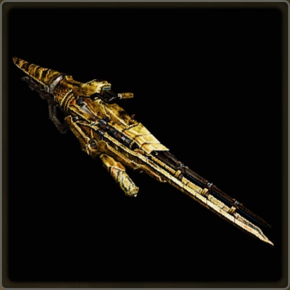 A close-up of a weapon in Monster Hunter Wilds against a black background.