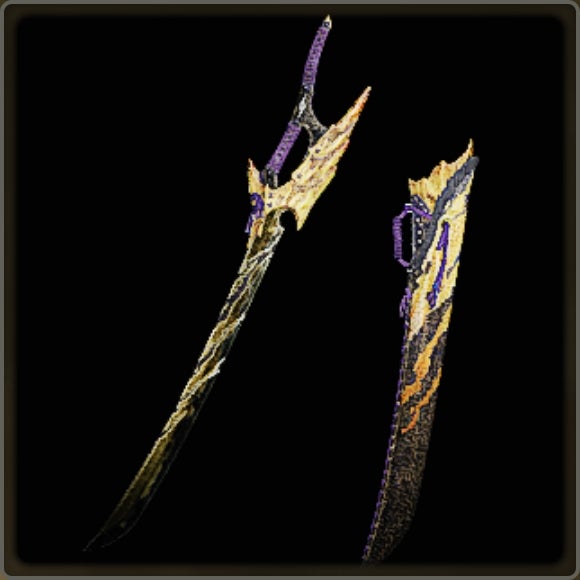 A close-up of a weapon in Monster Hunter Wilds against a black background.