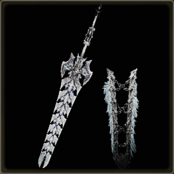 A close-up of a weapon in Monster Hunter Wilds against a black background.