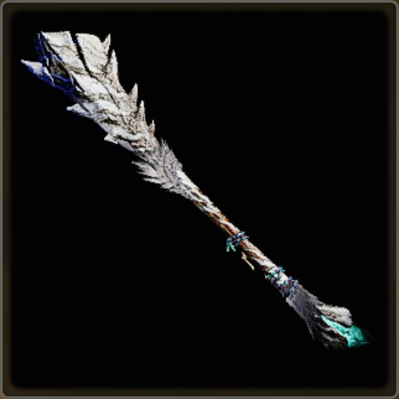 A close-up of a weapon in Monster Hunter Wilds against a black background.