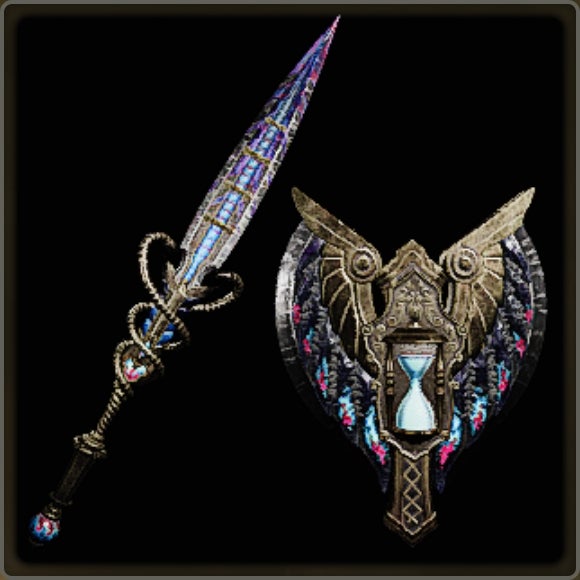 A close-up of a weapon in Monster Hunter Wilds against a black background.