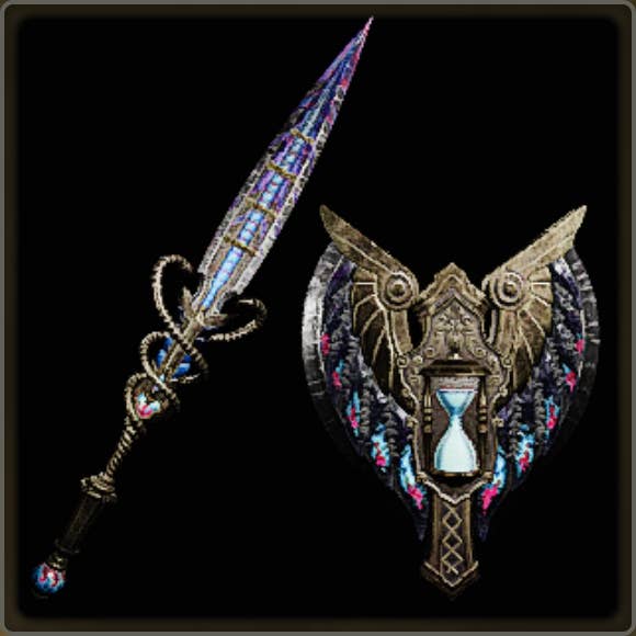 A close-up of a weapon in Monster Hunter Wilds against a black background.