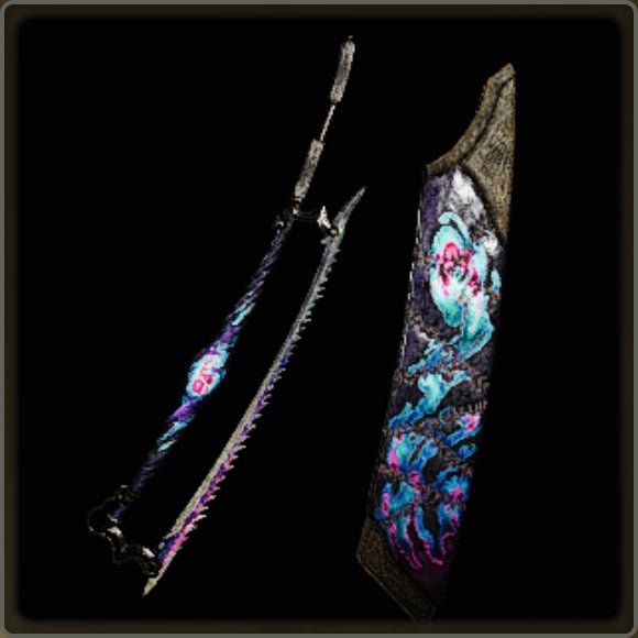 A close-up of a weapon in Monster Hunter Wilds against a black background.