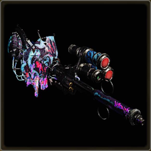 A close-up of a weapon in Monster Hunter Wilds against a black background.