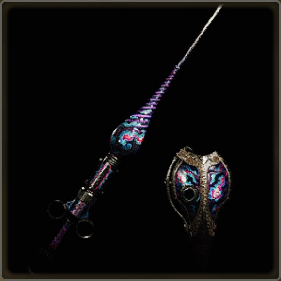 A close-up of a weapon in Monster Hunter Wilds against a black background.