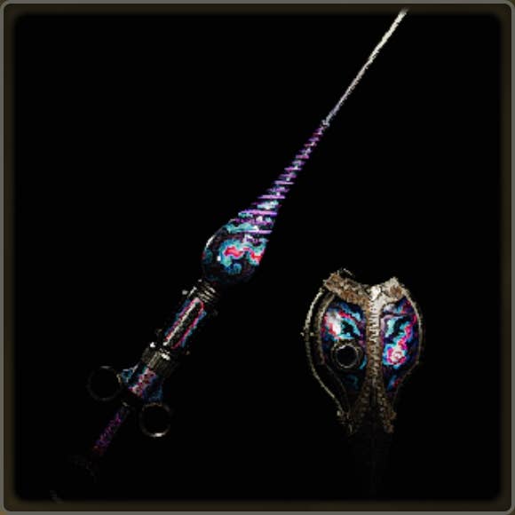 A close-up of a weapon in Monster Hunter Wilds against a black background.