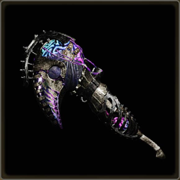 A close-up of a weapon in Monster Hunter Wilds against a black background.