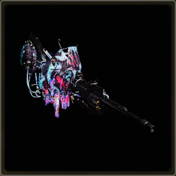 A close-up of a weapon in Monster Hunter Wilds against a black background.