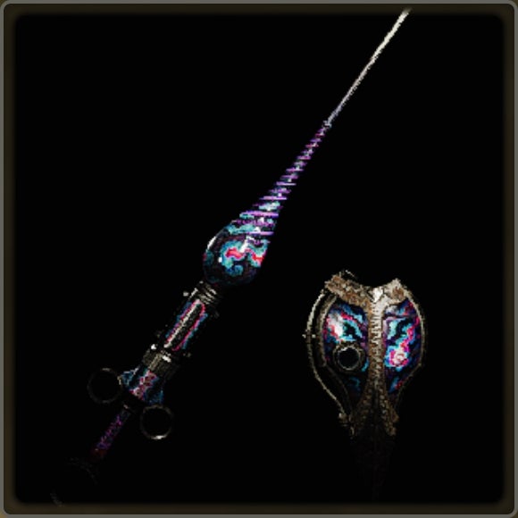 A close-up of a weapon in Monster Hunter Wilds against a black background.